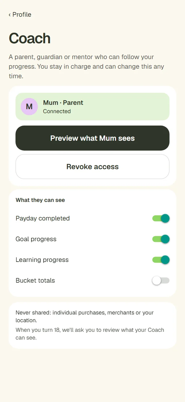 Coach settings: what they can see, with toggles