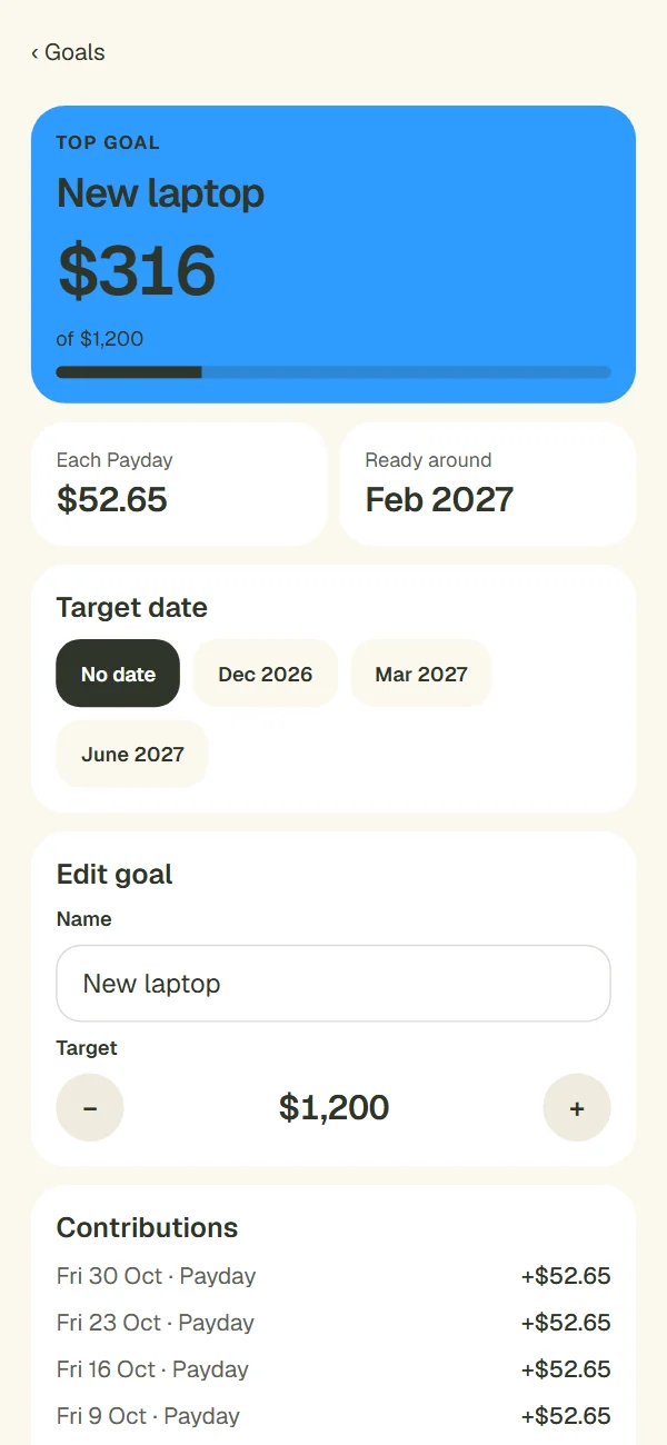 A goal in LOKD: New laptop, $52.65 each Payday, ready around Feb 2027