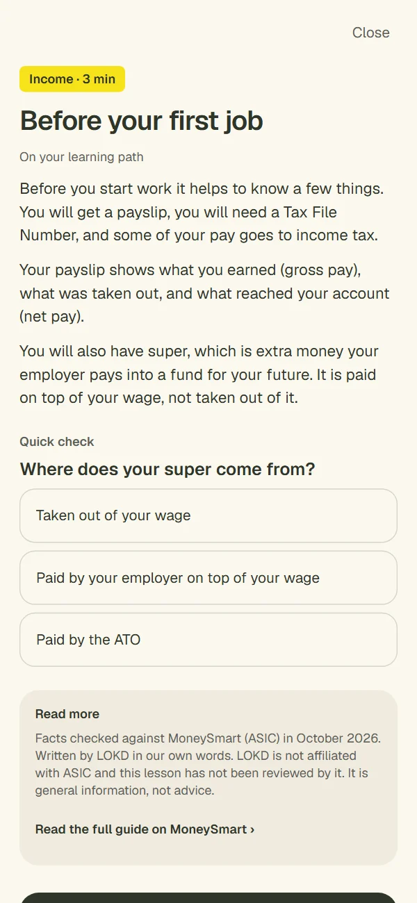 A lesson screen in LOKD