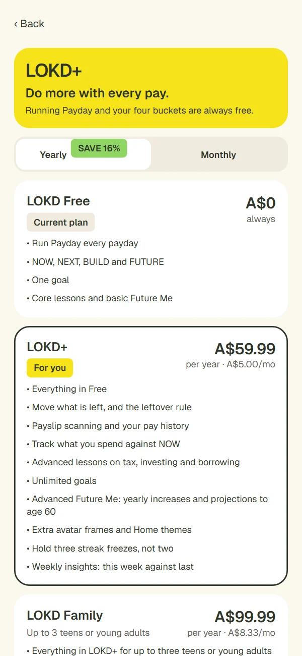 LOKD plans screen: LOKD+ and LOKD Family