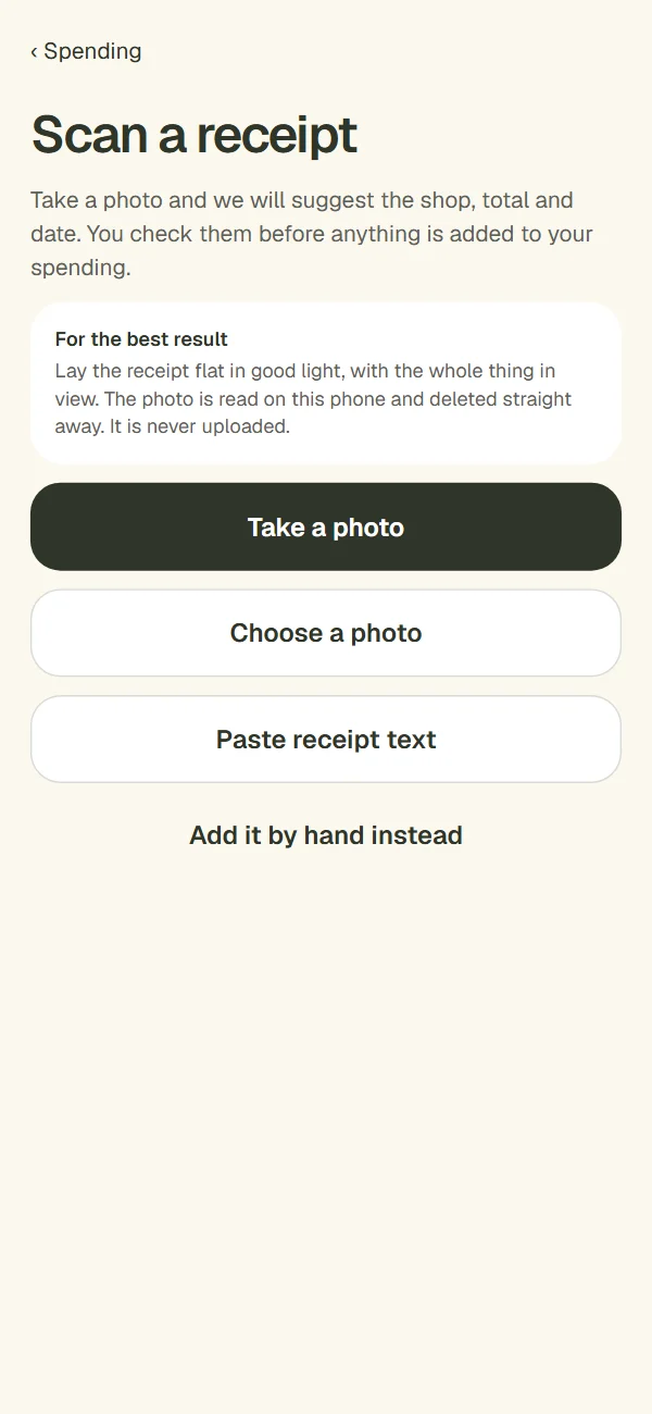 Scan a receipt screen in LOKD